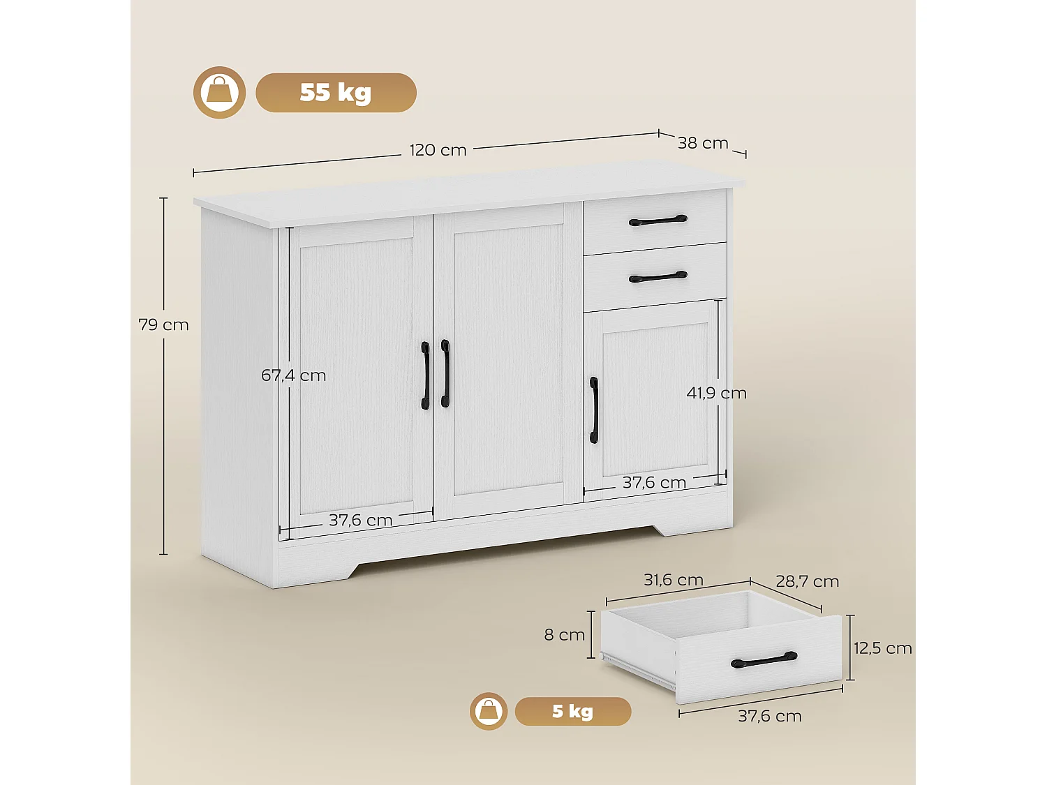 Buffet contemporain 3 portes étagère 2 tiroirs poignées métal noir effet bois blanc