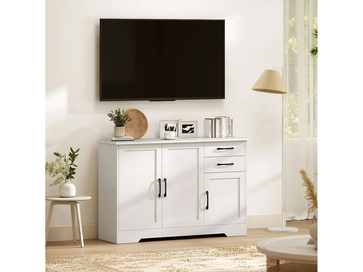 Buffet contemporain 3 portes étagère 2 tiroirs poignées métal noir effet bois blanc