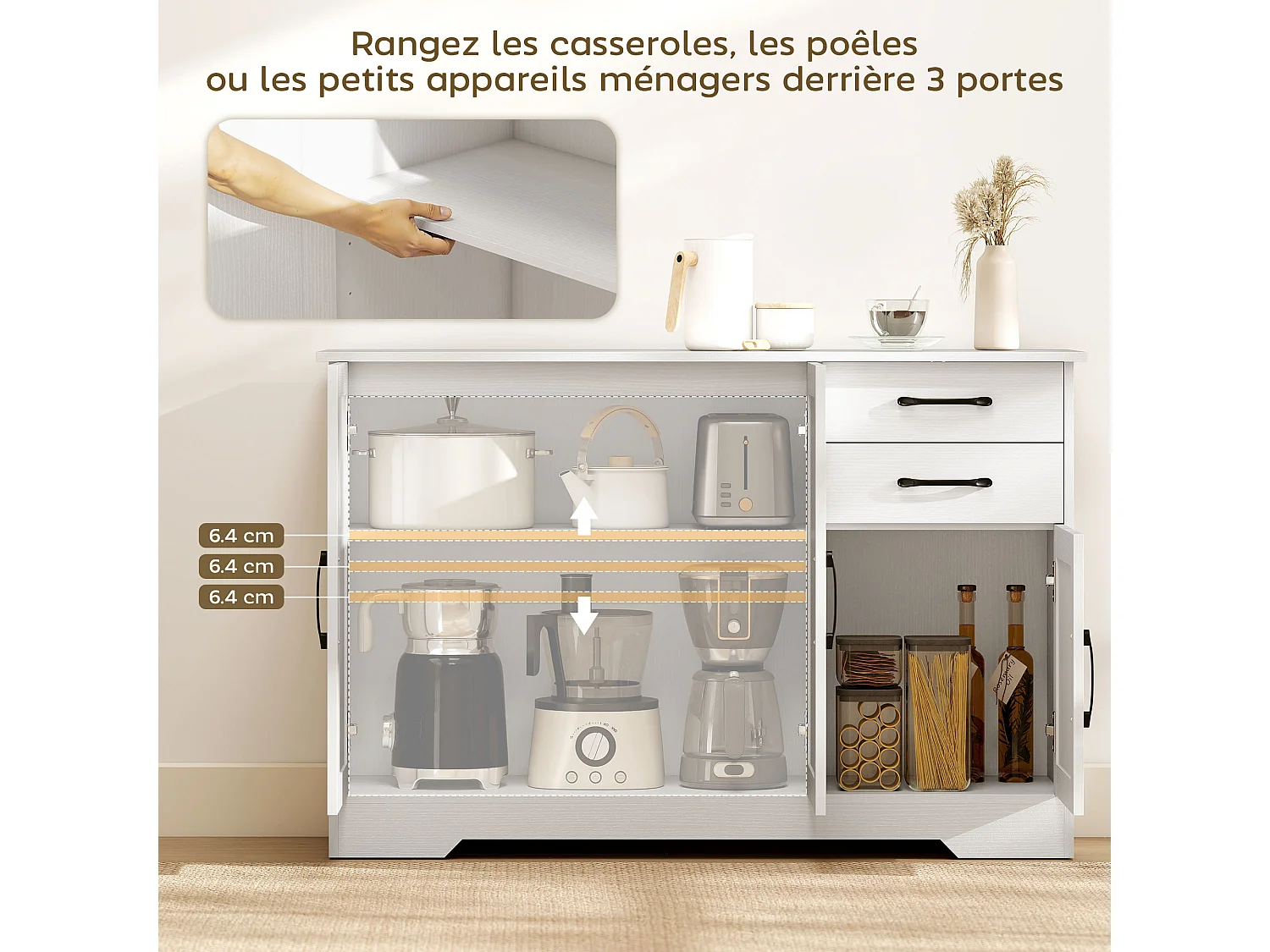 Buffet contemporain 3 portes étagère 2 tiroirs poignées métal noir effet bois blanc