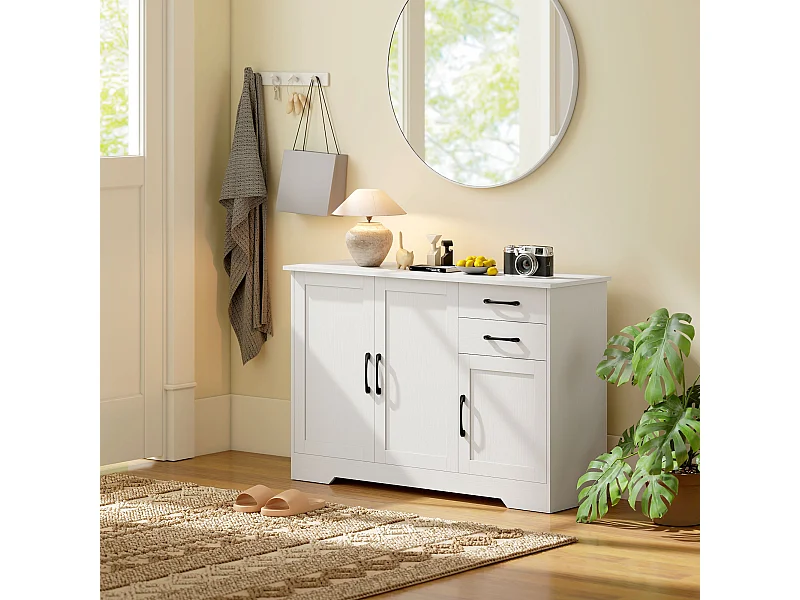 Buffet contemporain 3 portes étagère 2 tiroirs poignées métal noir effet bois blanc