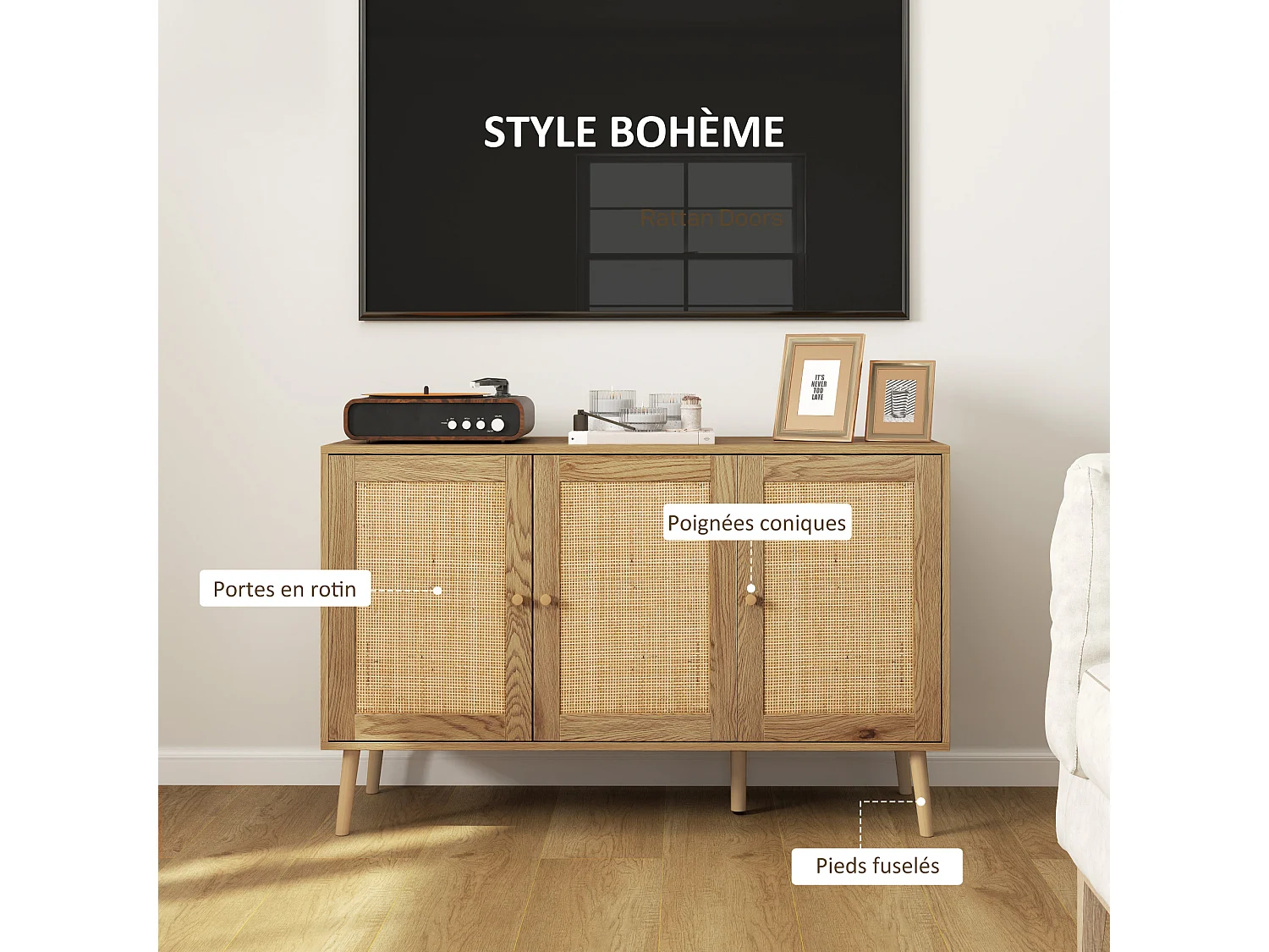 Buffet style cosy chic rotin - 3 portes, 2 étagères - dim. 120L x 40l x 75H cm - effet bois naturel