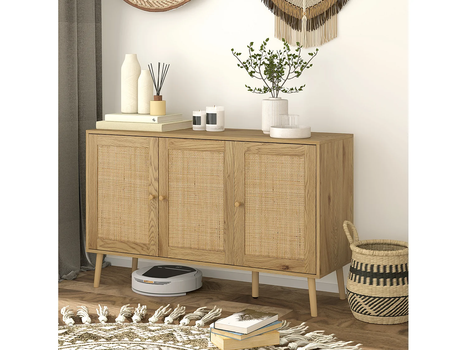 Buffet style cosy chic rotin - 3 portes, 2 étagères - dim. 120L x 40l x 75H cm - effet bois naturel