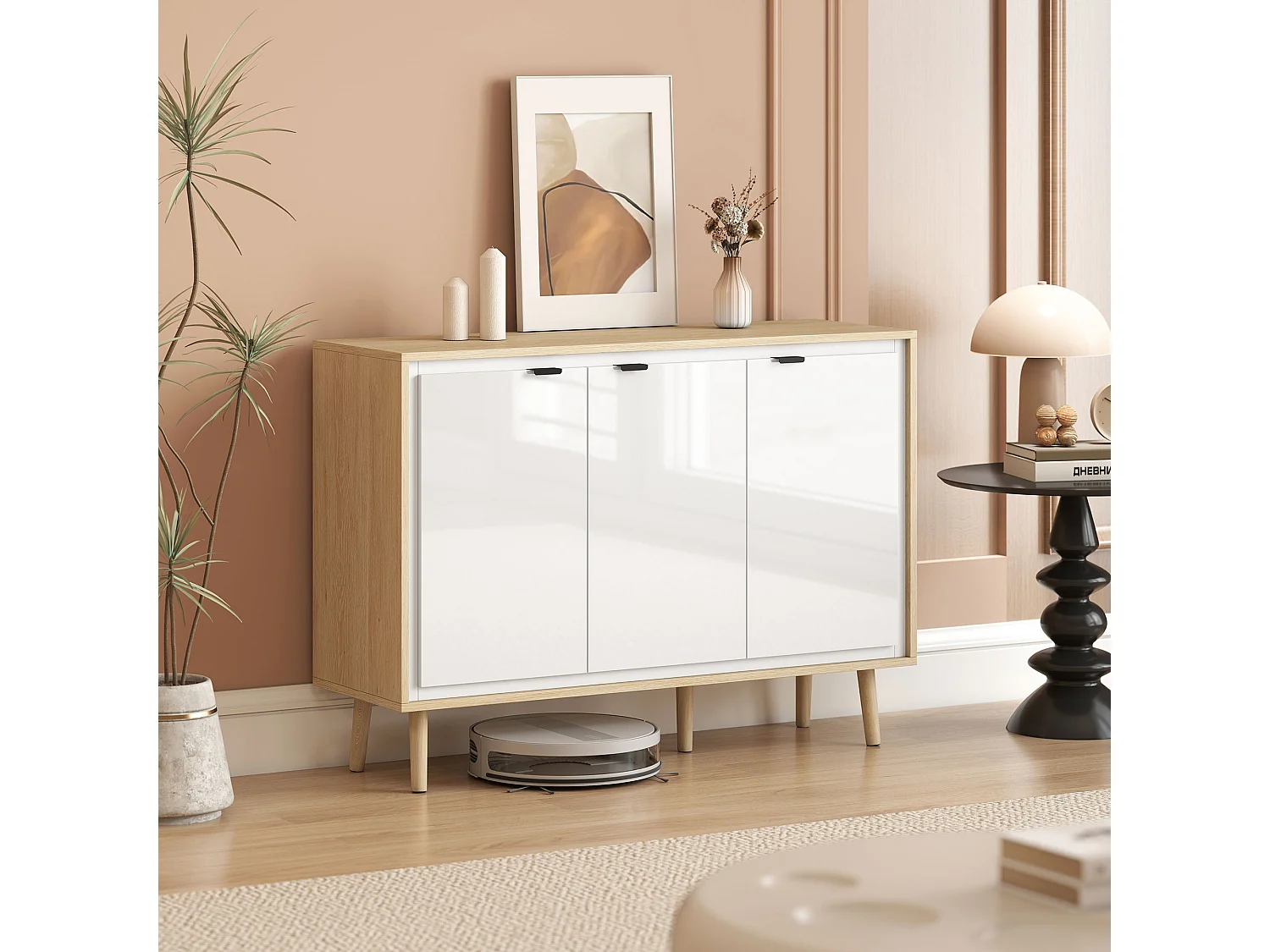 Buffet style nordique 3 portes 2 étagères façade blanc laqué effet bois clair