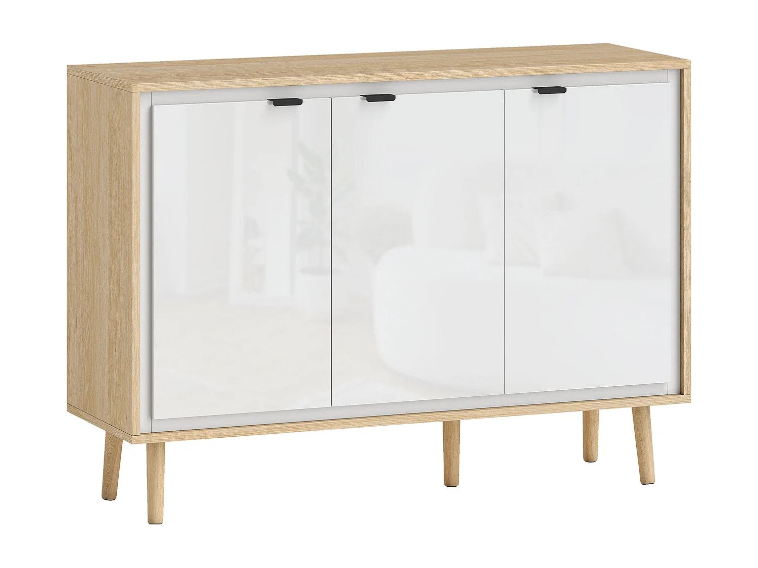 Buffet style nordique 3 portes 2 étagères façade blanc laqué effet bois clair