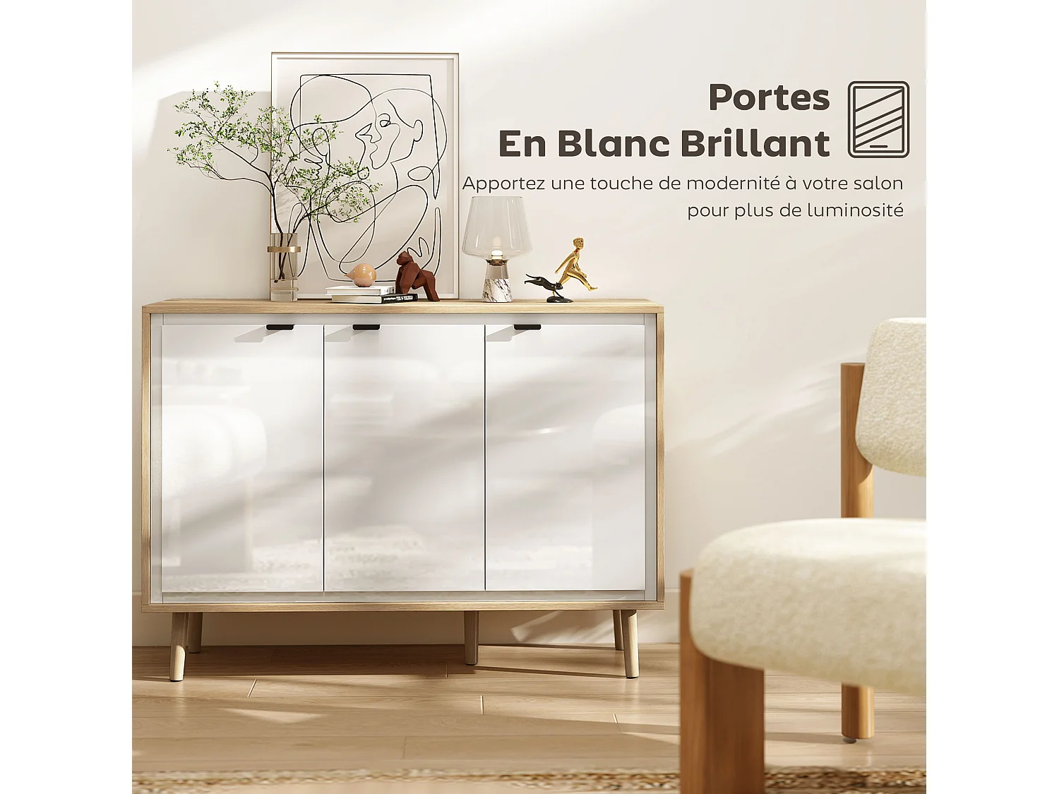 Buffet style nordique 3 portes 2 étagères façade blanc laqué effet bois clair