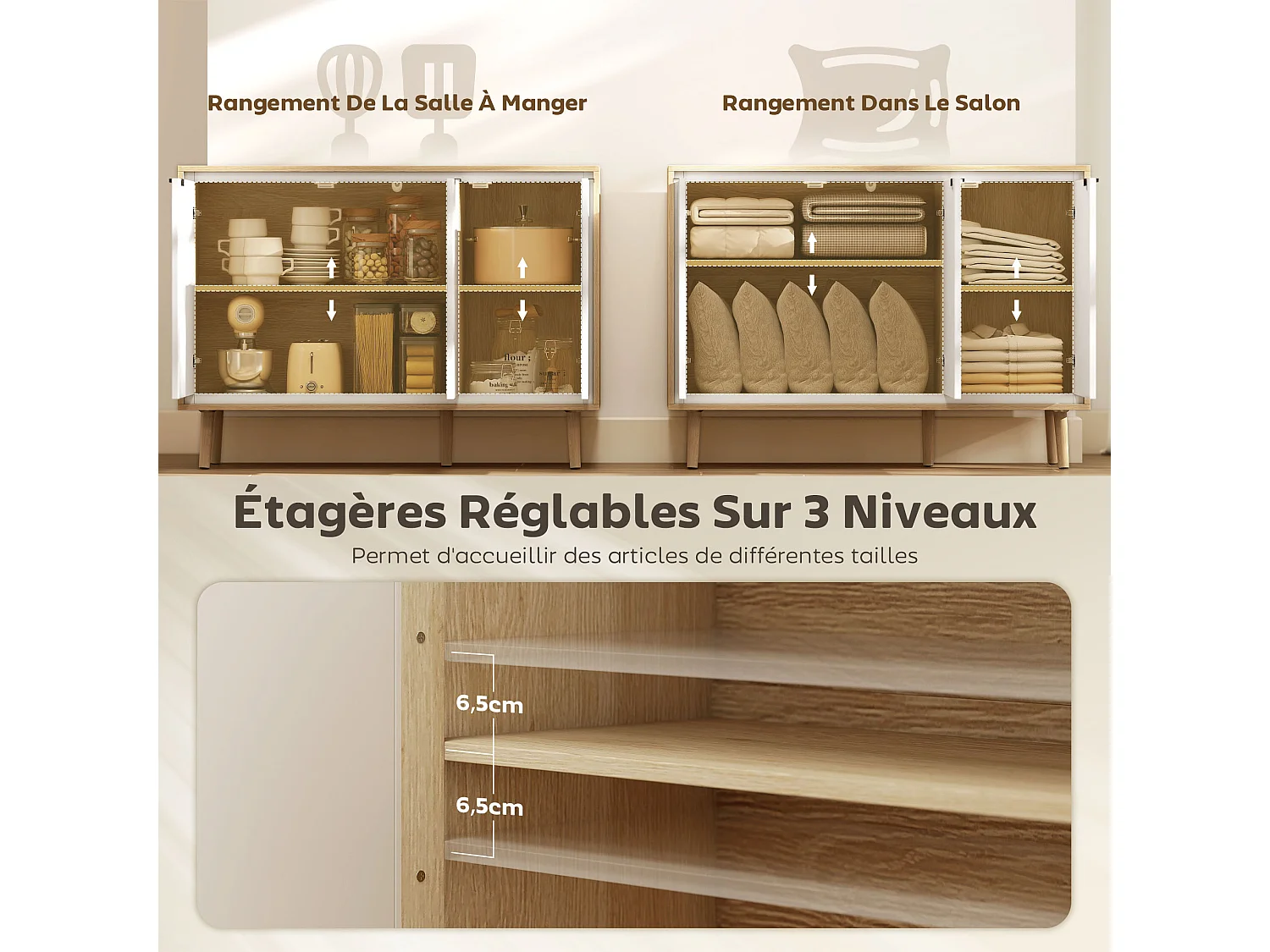 Buffet style nordique 3 portes 2 étagères façade blanc laqué effet bois clair