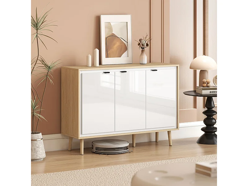 Buffet style nordique 3 portes 2 étagères façade blanc laqué effet bois clair