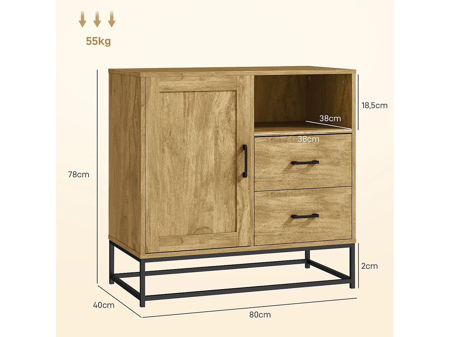 Buffet effet bois exotique - 2 tiroirs, niche, porte, étagère - piètement poignées métal noir