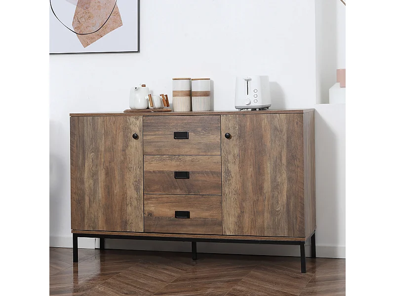 Buffet design industriel effet bois de manguier métal noir - 2 portes, 2 étagères, 3 tiroirs - 120 x 39,5 x 77 cm