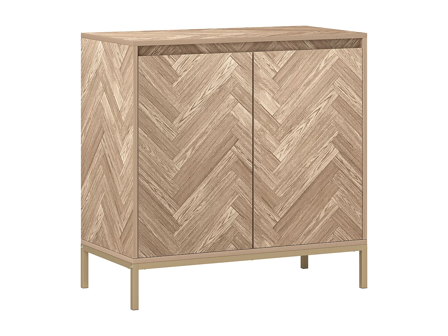 Buffet 2 portes étagère style nordique - piètement acier doré effet bois motif chevrons