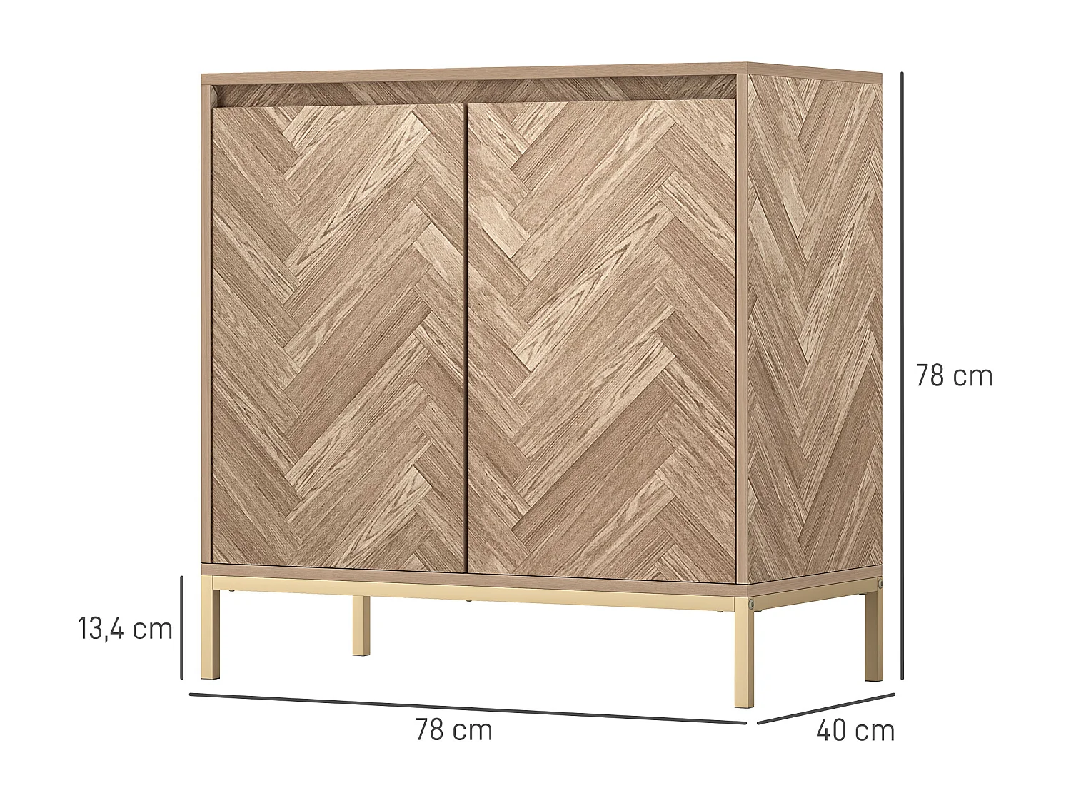 Buffet 2 portes étagère style nordique - piètement acier doré effet bois motif chevrons