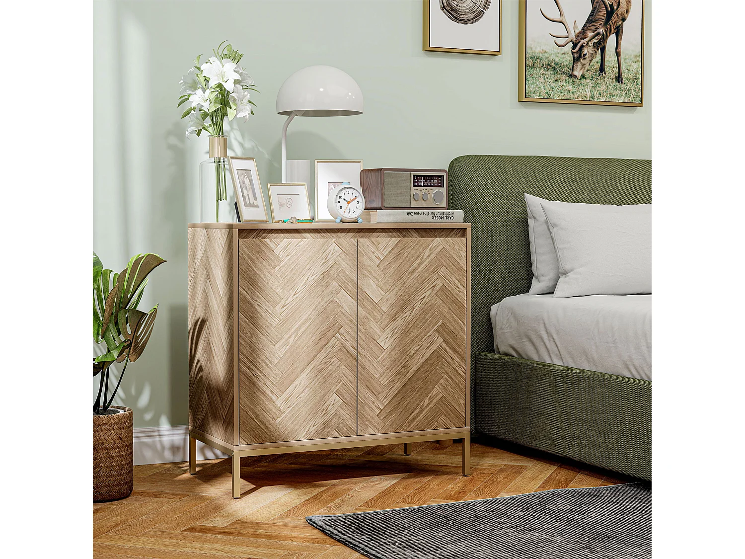 Buffet 2 portes étagère style nordique - piètement acier doré effet bois motif chevrons
