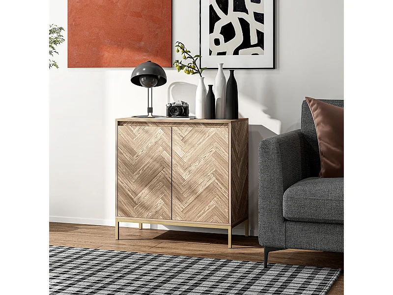 Buffet 2 portes étagère style nordique - piètement acier doré effet bois motif chevrons