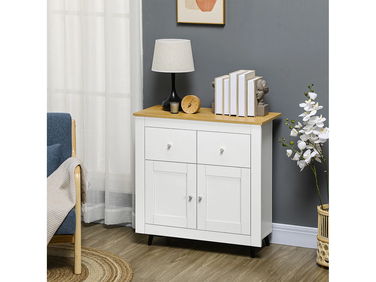 Buffet 2 portes 2 tiroirs - dim. 78 x 35 x 80 cm - piètement incliné noir blanc effet bois