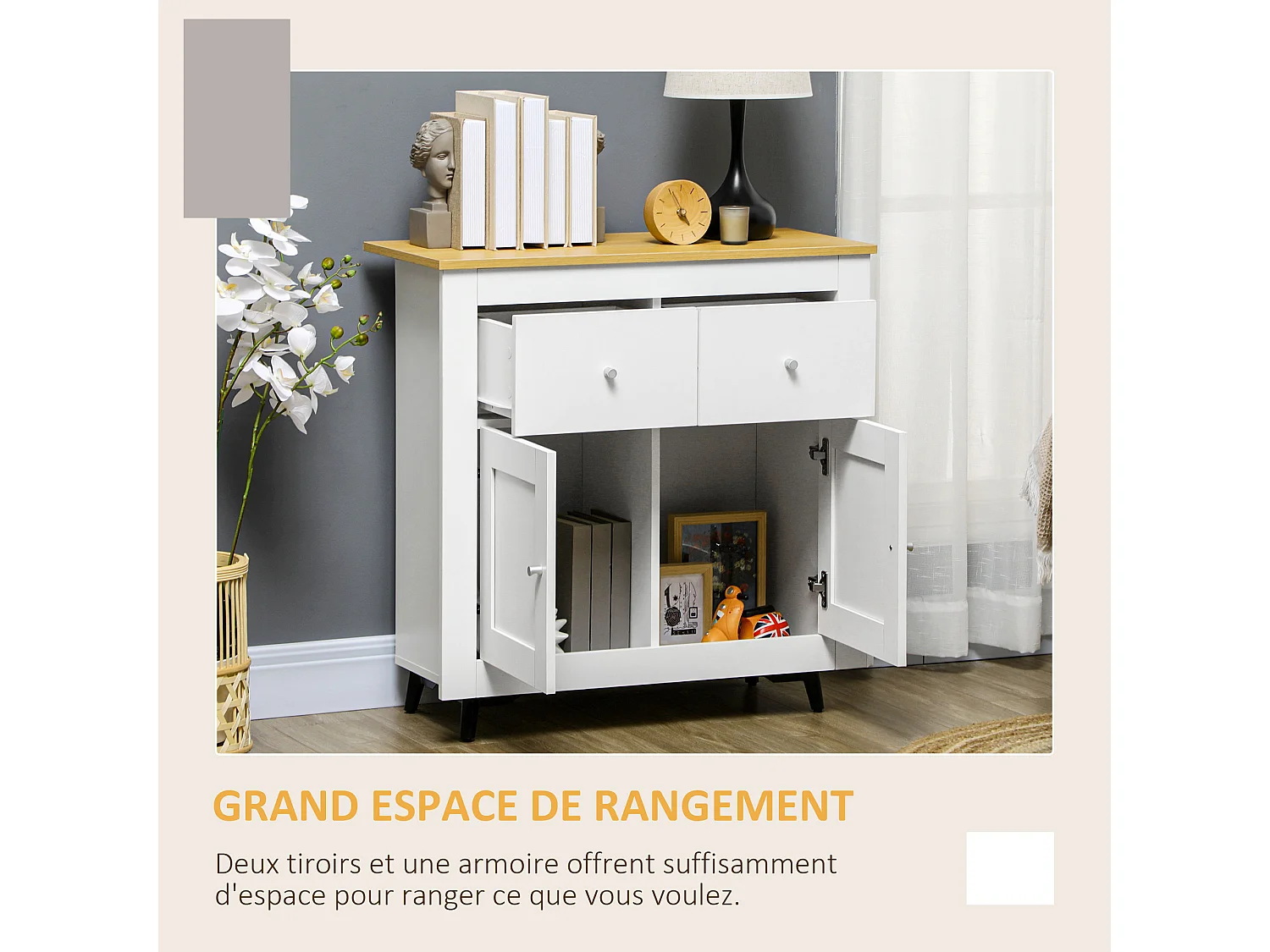 Buffet 2 portes 2 tiroirs - dim. 78 x 35 x 80 cm - piètement incliné noir blanc effet bois
