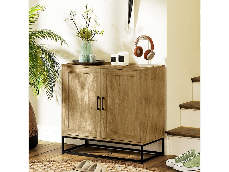 Buffet effet bois exotique - 2 portes, étagère - piètement poignées métal noir