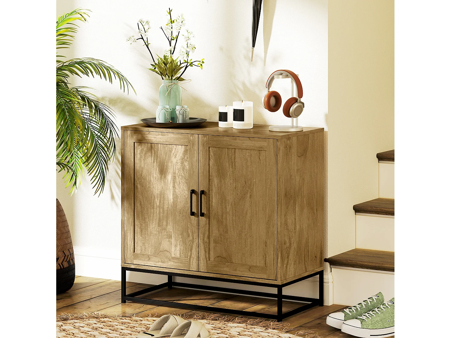 Buffet effet bois exotique - 2 portes, étagère - piètement poignées métal noir