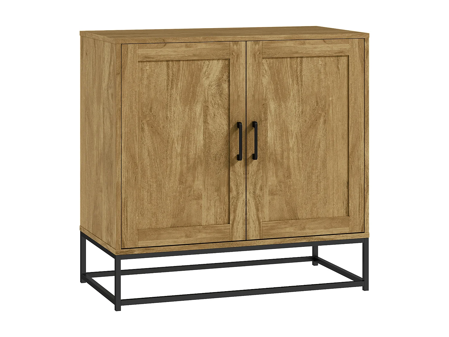 Buffet effet bois exotique - 2 portes, étagère - piètement poignées métal noir