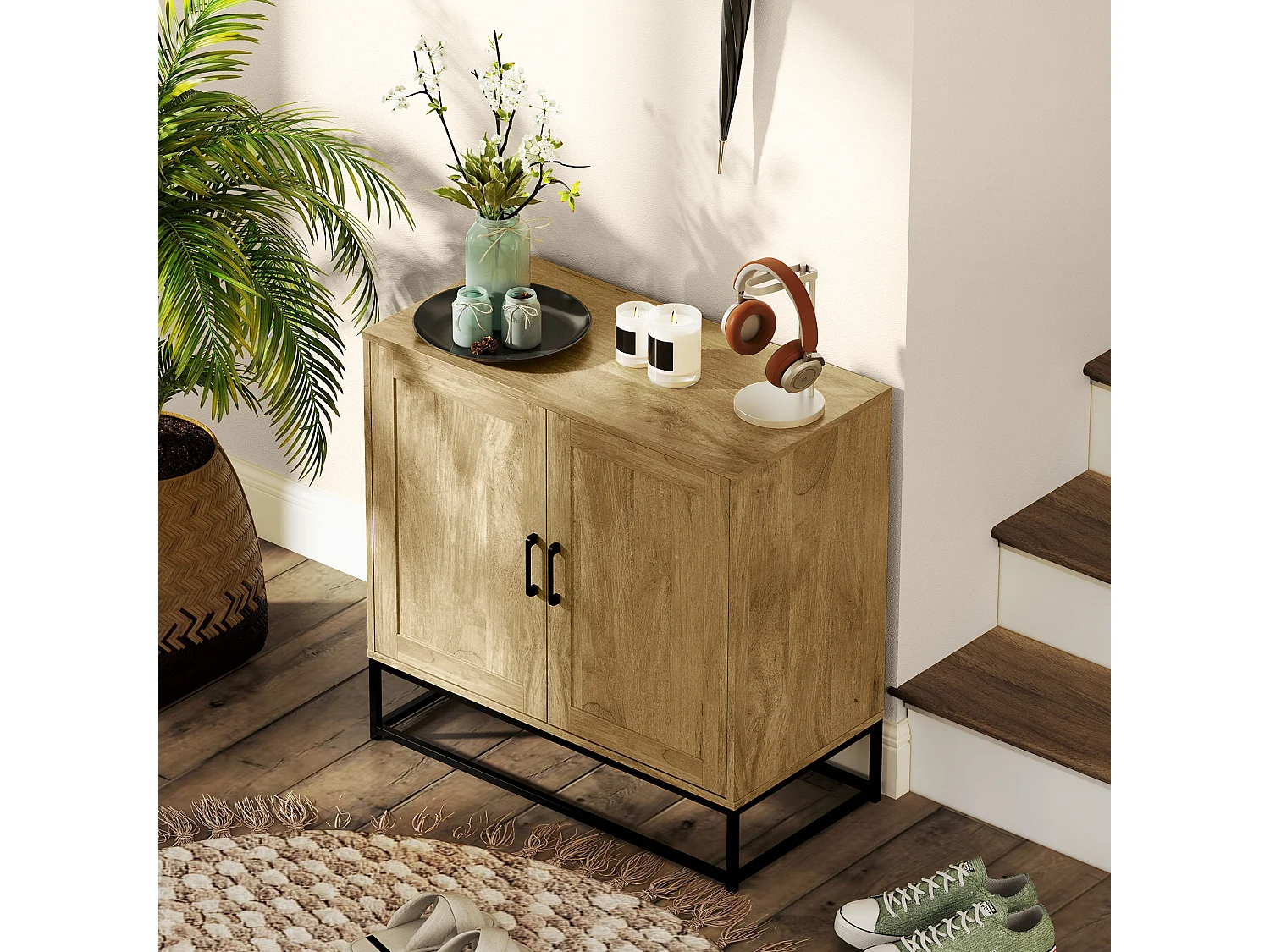 Buffet effet bois exotique - 2 portes, étagère - piètement poignées métal noir