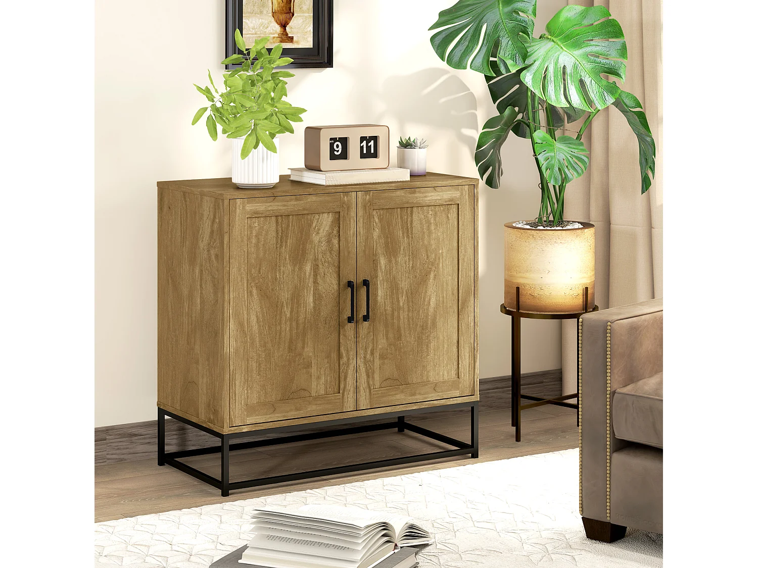 Buffet effet bois exotique - 2 portes, étagère - piètement poignées métal noir