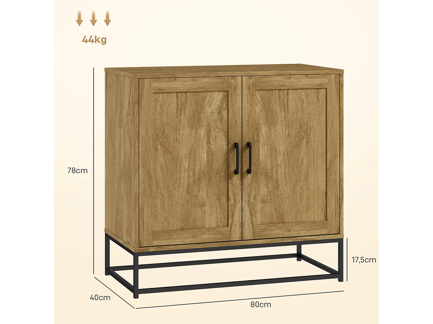 Buffet effet bois exotique - 2 portes, étagère - piètement poignées métal noir