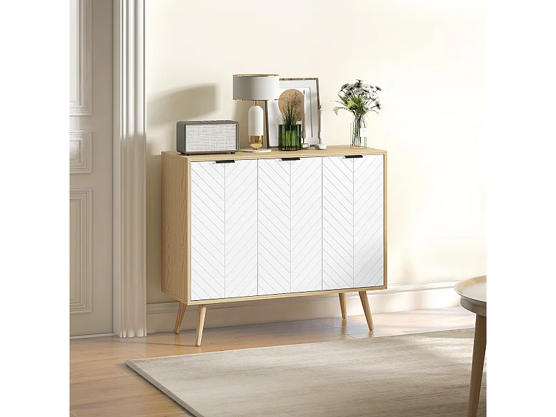 Buffet design scandinave 3 portes 2 étagères piètement bois de pin panneaux portes motif chevrons blanc aspect bois clair