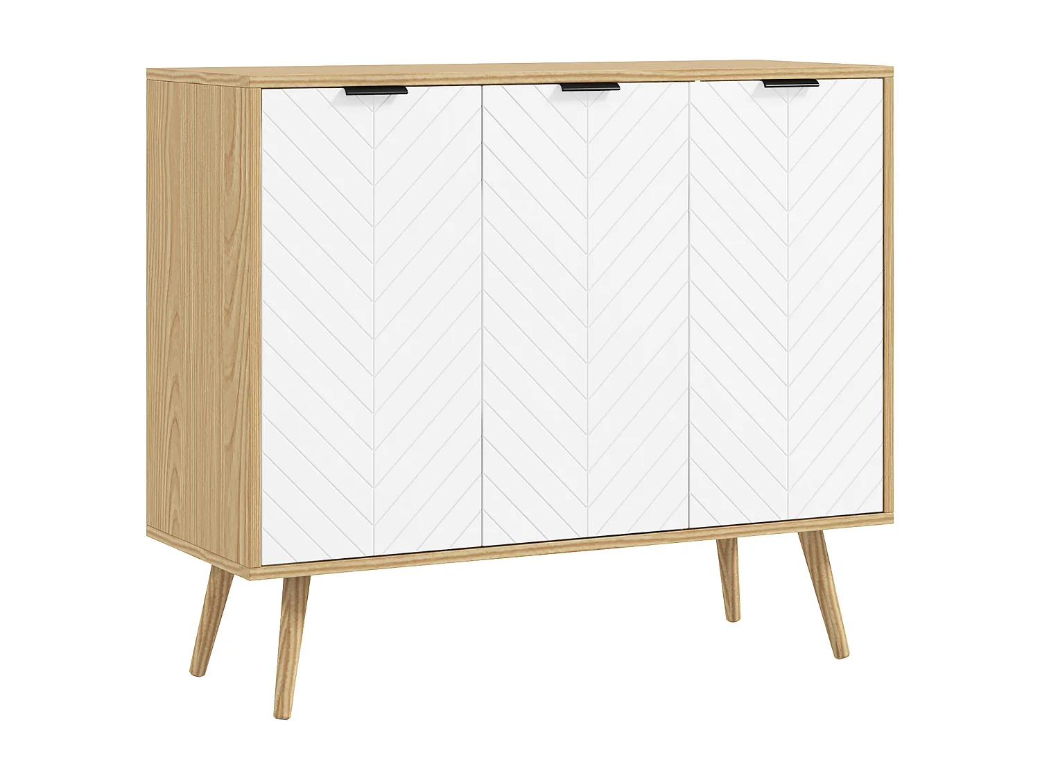 Buffet design scandinave 3 portes 2 étagères piètement bois de pin panneaux portes motif chevrons blanc aspect bois clair