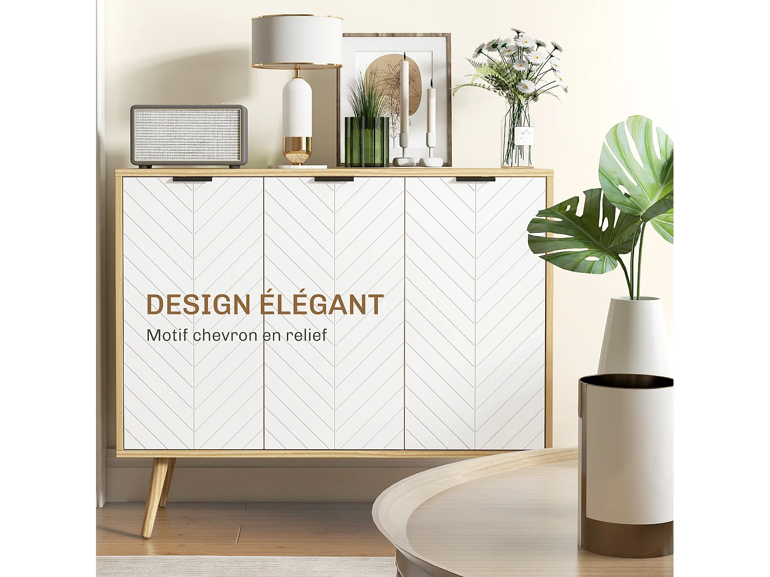 Buffet design scandinave 3 portes 2 étagères piètement bois de pin panneaux portes motif chevrons blanc aspect bois clair