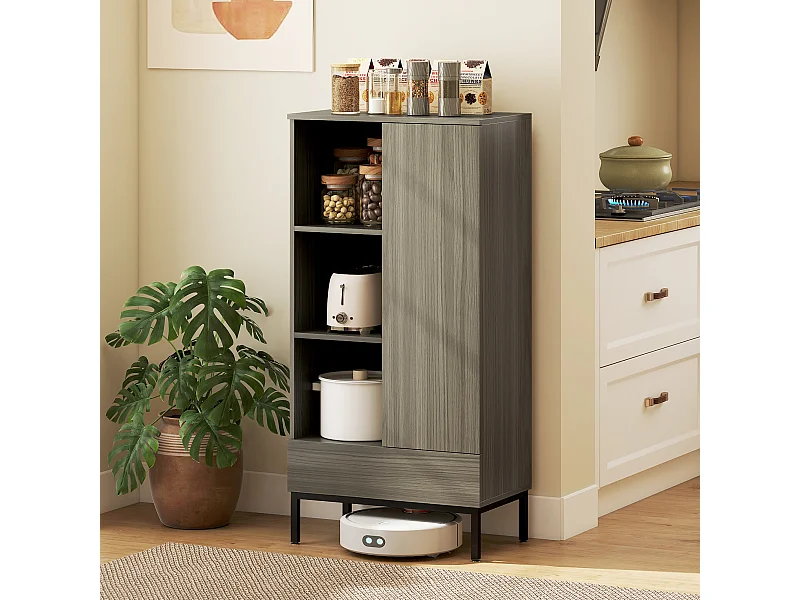 Buffet haut - porte, étagère, tiroir, 3 niches - 60 x 34 x 121 cm - piètement acier noir effet bois gris