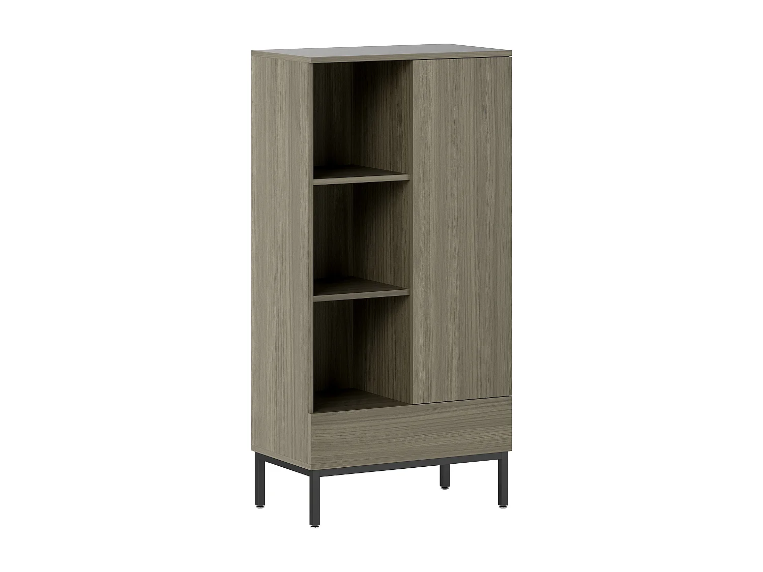 Buffet haut - porte, étagère, tiroir, 3 niches - 60 x 34 x 121 cm - piètement acier noir effet bois gris