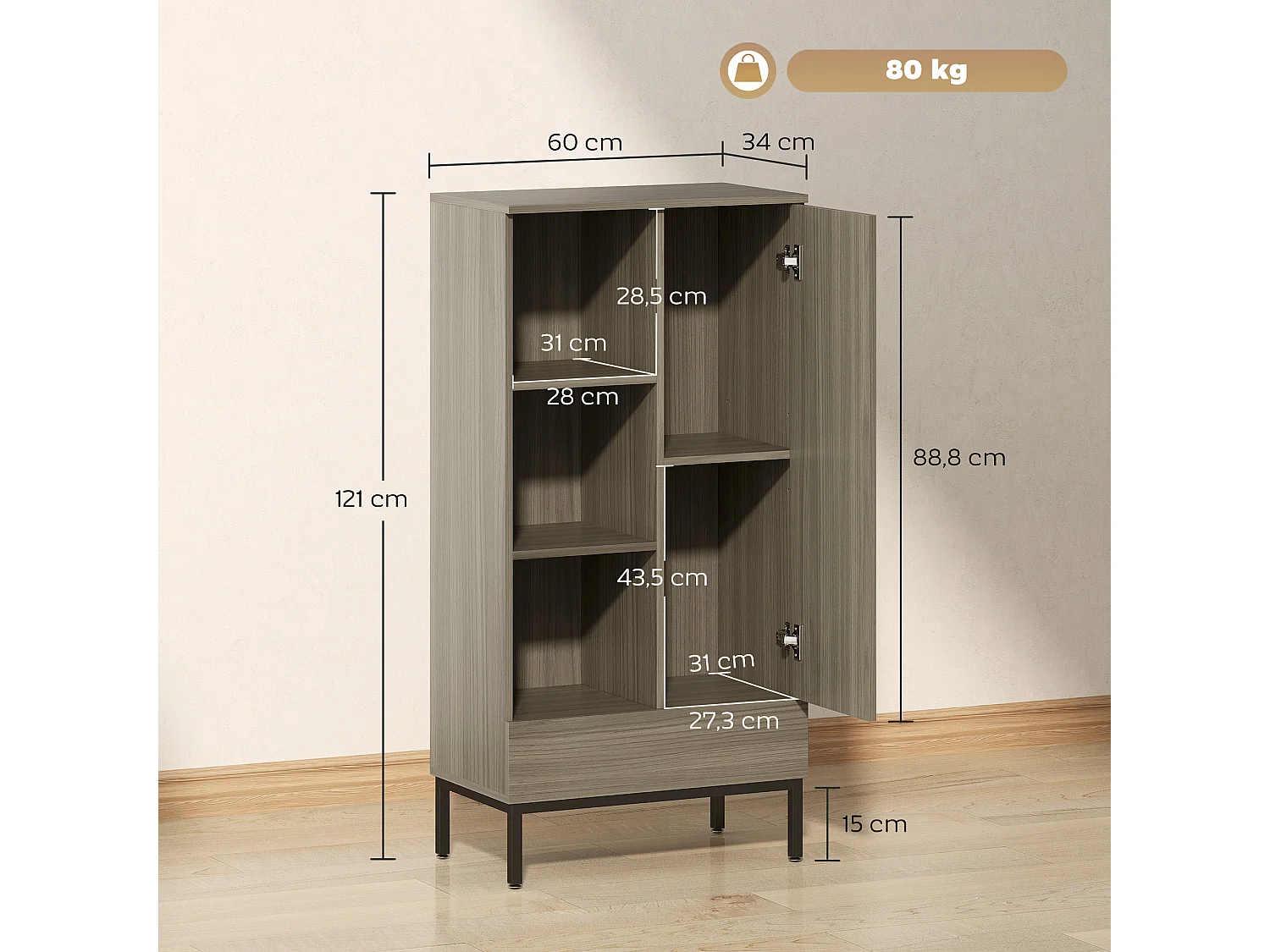 Buffet haut - porte, étagère, tiroir, 3 niches - 60 x 34 x 121 cm - piètement acier noir effet bois gris