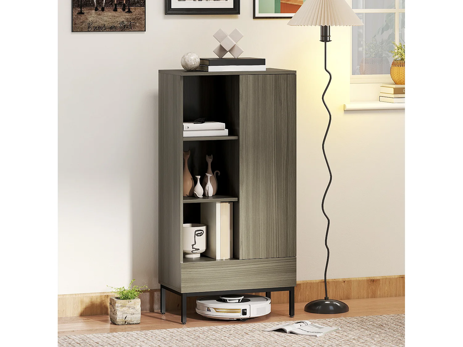 Buffet haut - porte, étagère, tiroir, 3 niches - 60 x 34 x 121 cm - piètement acier noir effet bois gris