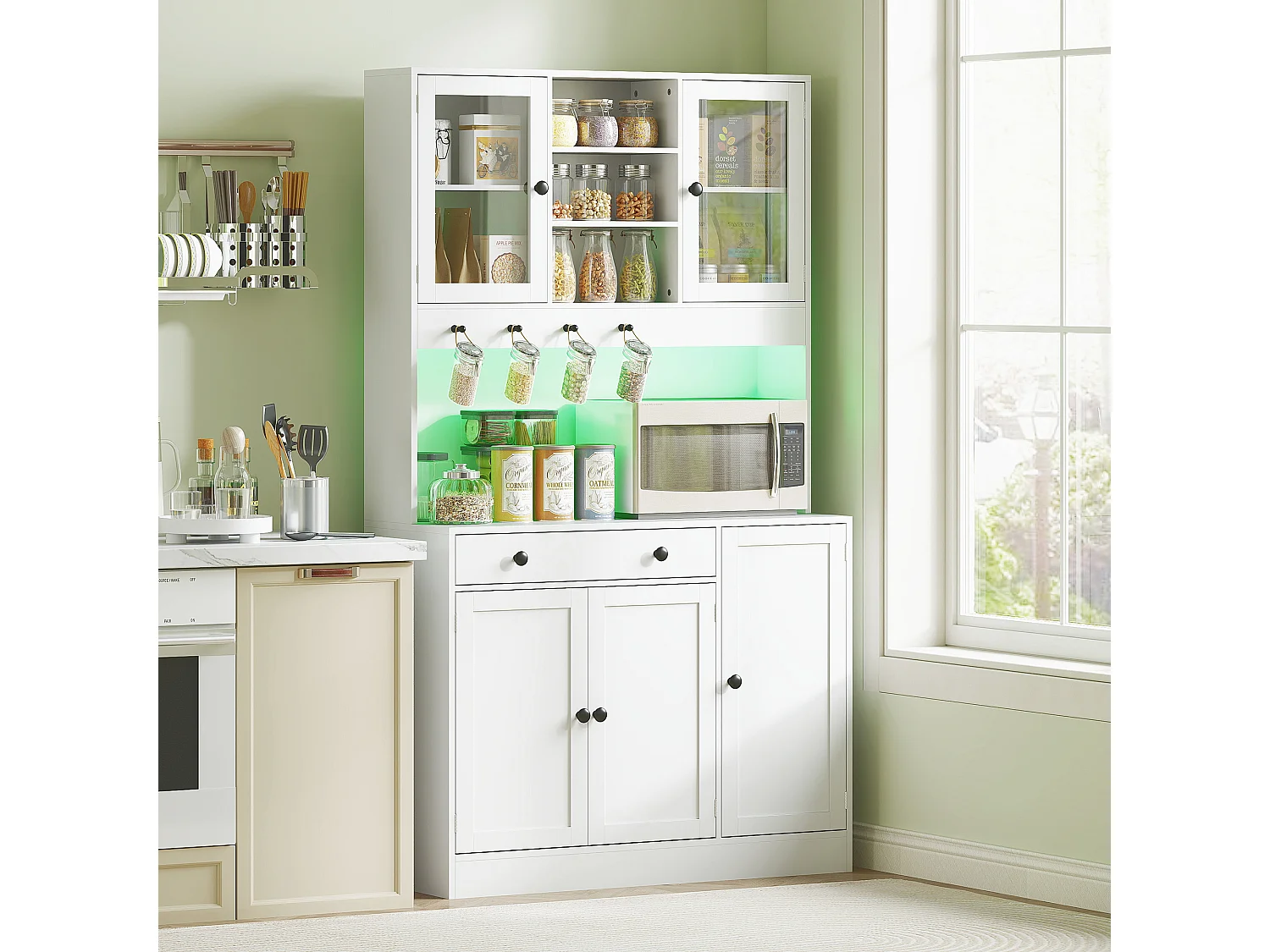 Buffet haut LED multi-rangement dim. 103 x 40 x 180cm poignées boutons noir blanc