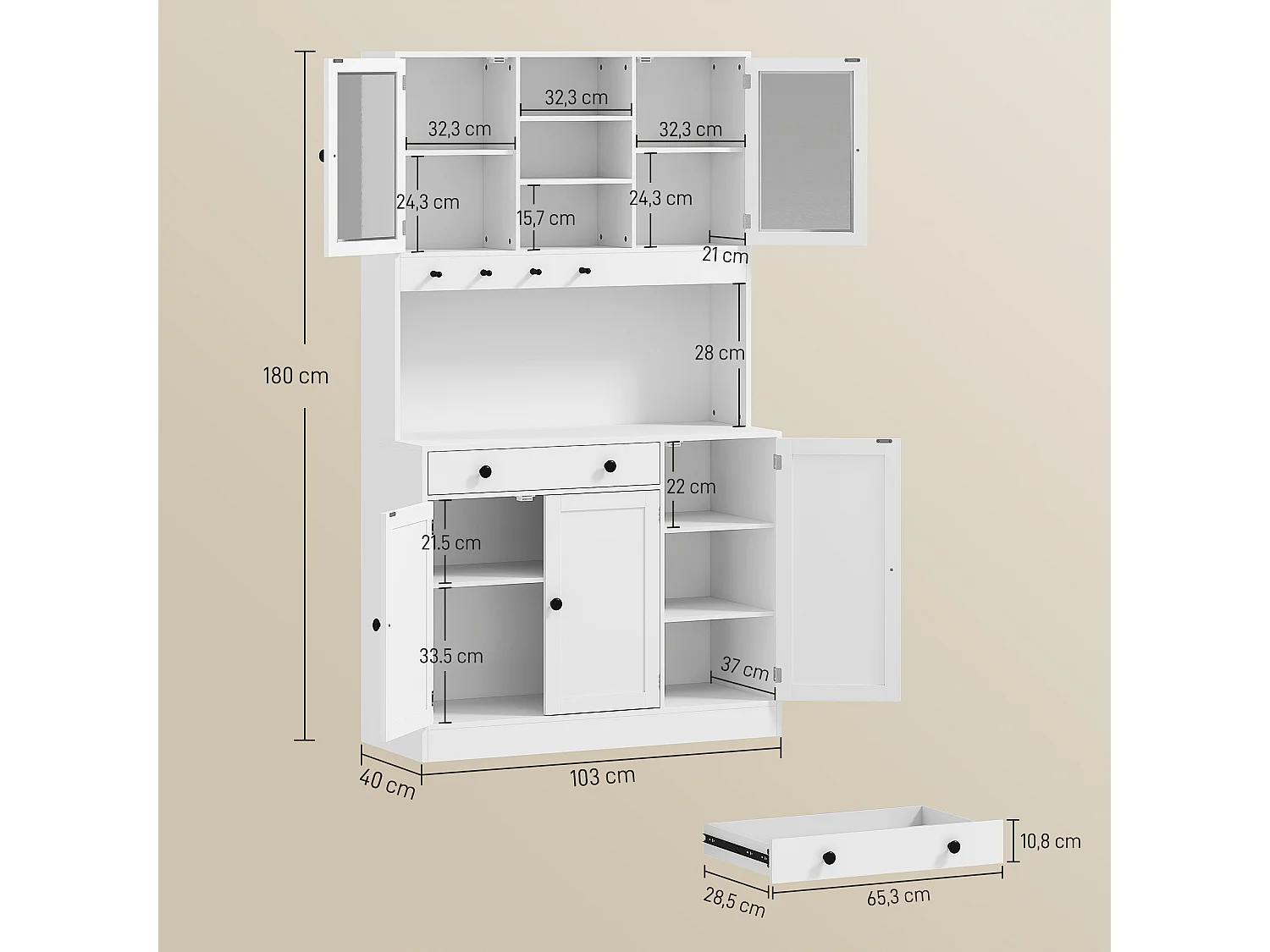 Buffet haut LED multi-rangement dim. 103 x 40 x 180cm poignées boutons noir blanc