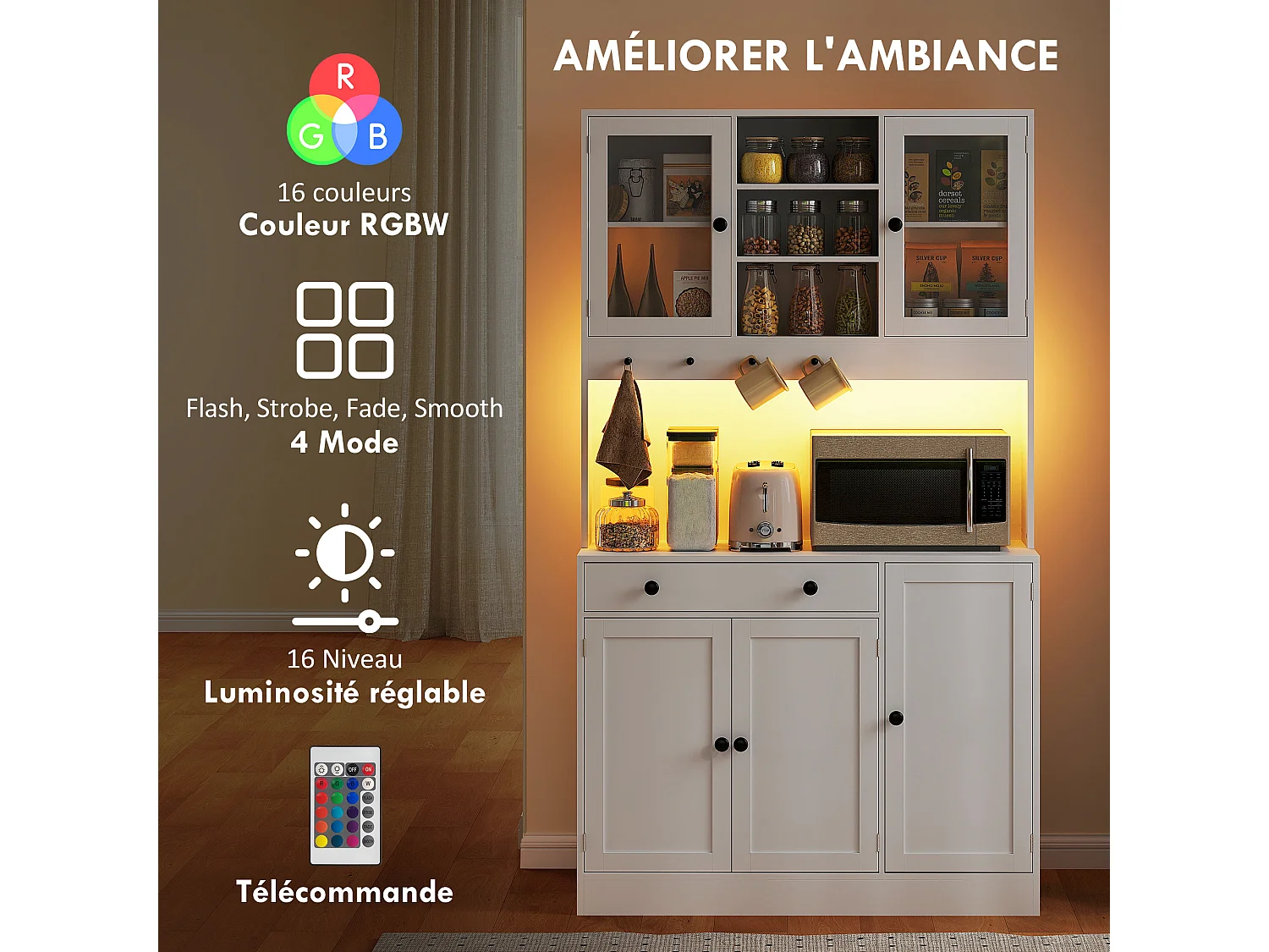 Buffet haut LED multi-rangement dim. 103 x 40 x 180cm poignées boutons noir blanc