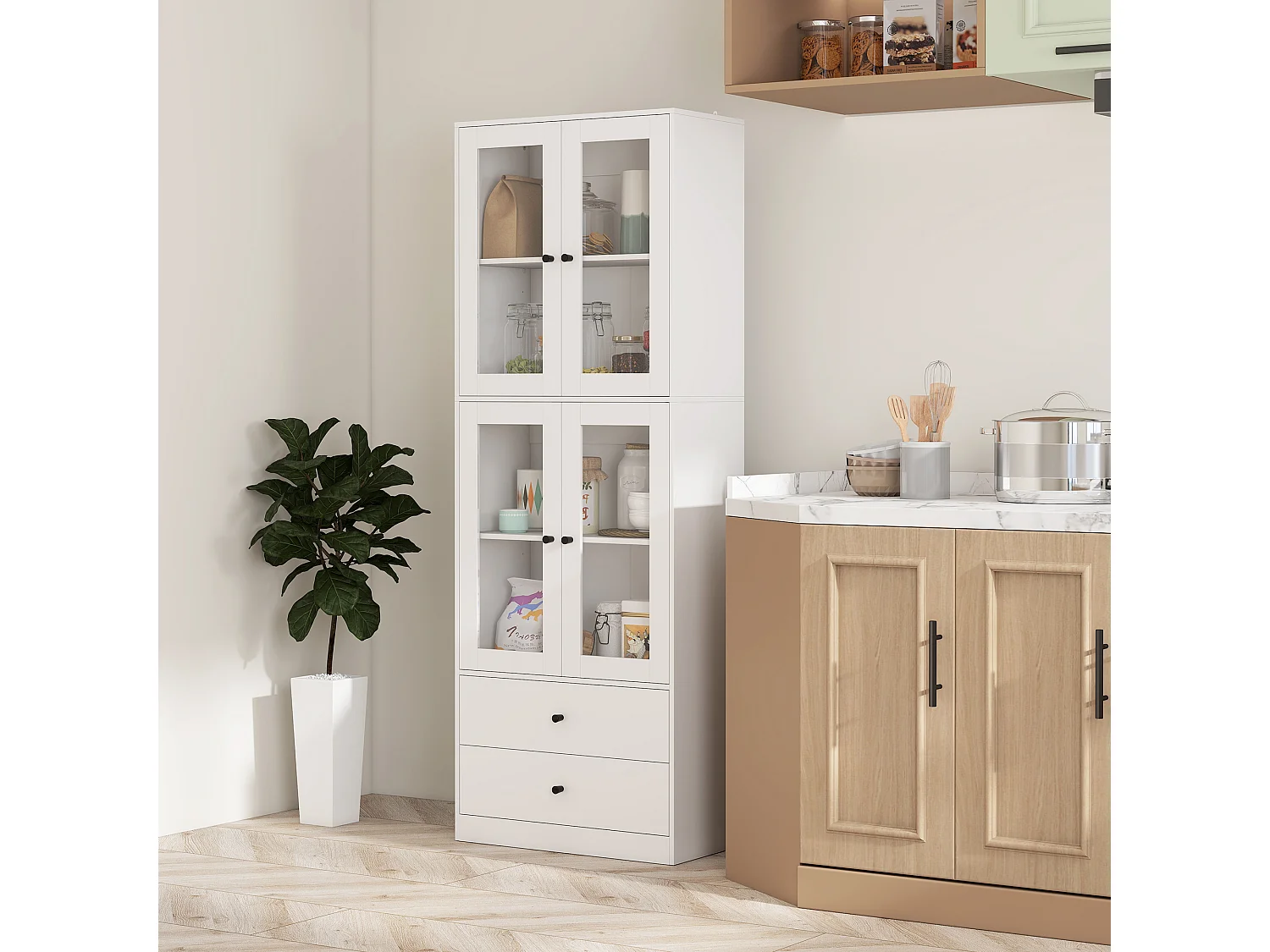 Buffet haut vitrine 4 portes verre 2 étagères réglables 2 tiroirs - 59 x 30 x 170 cm - blanc