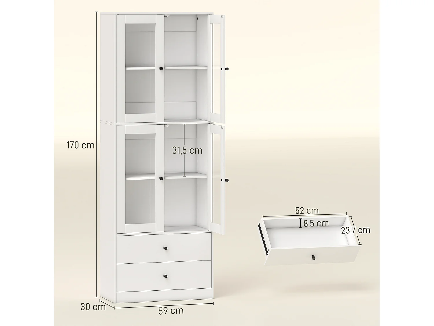 Buffet haut vitrine 4 portes verre 2 étagères réglables 2 tiroirs - 59 x 30 x 170 cm - blanc