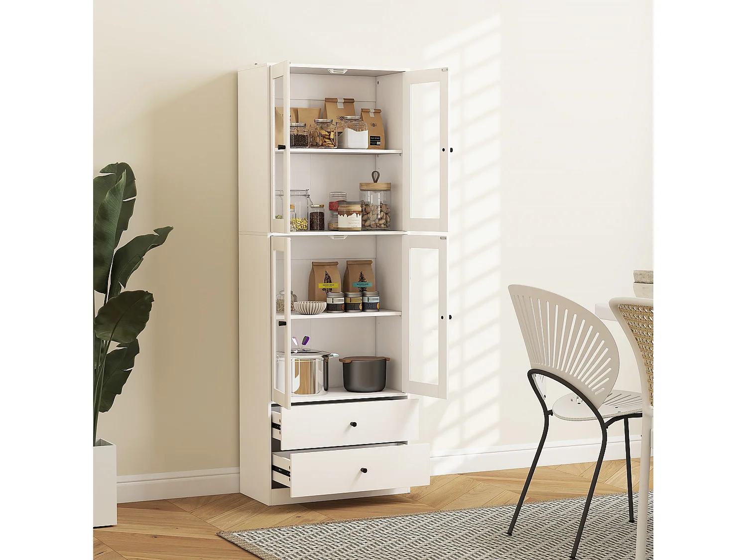 Buffet haut vitrine 4 portes verre 2 étagères réglables 2 tiroirs - 59 x 30 x 170 cm - blanc