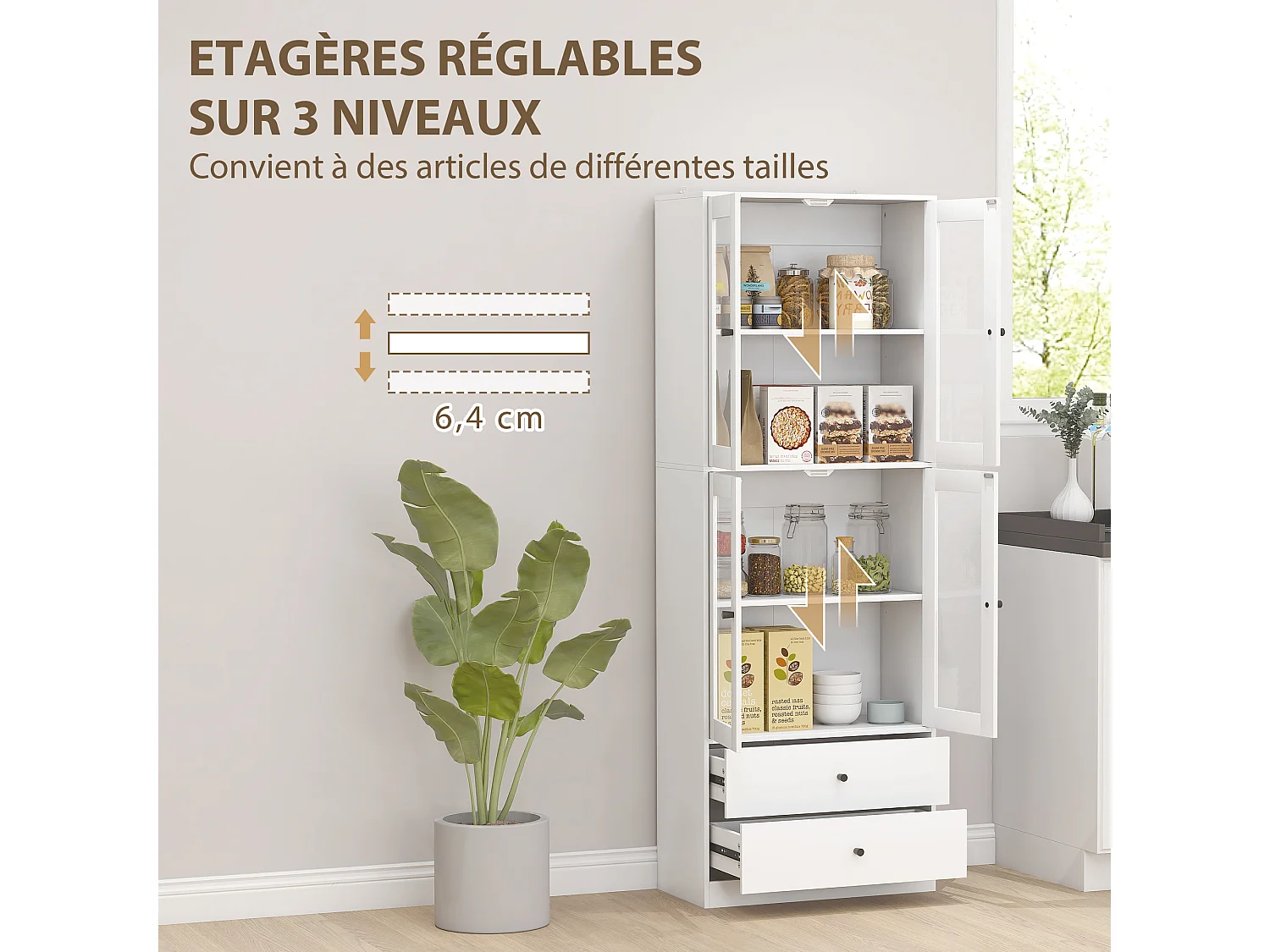 Buffet haut vitrine 4 portes verre 2 étagères réglables 2 tiroirs - 59 x 30 x 170 cm - blanc