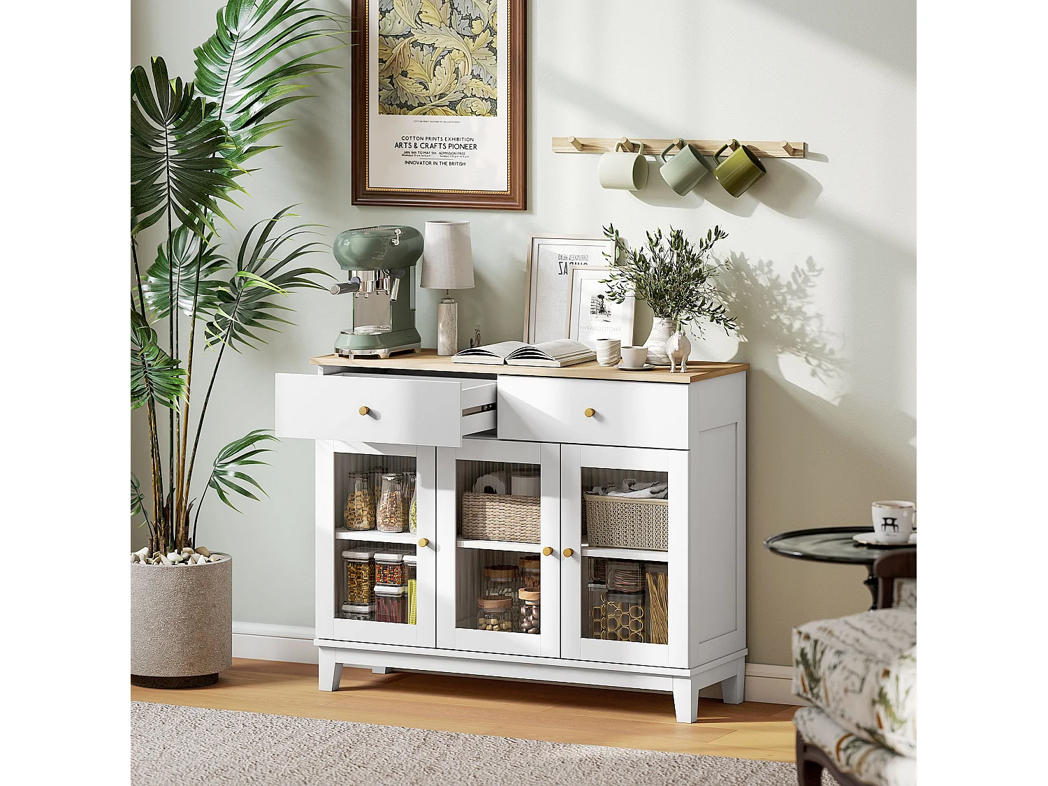 Buffet 3 portes vitrées nervurées 2 étagères 2 tiroirs poignées métal doré blanc effet bois clair