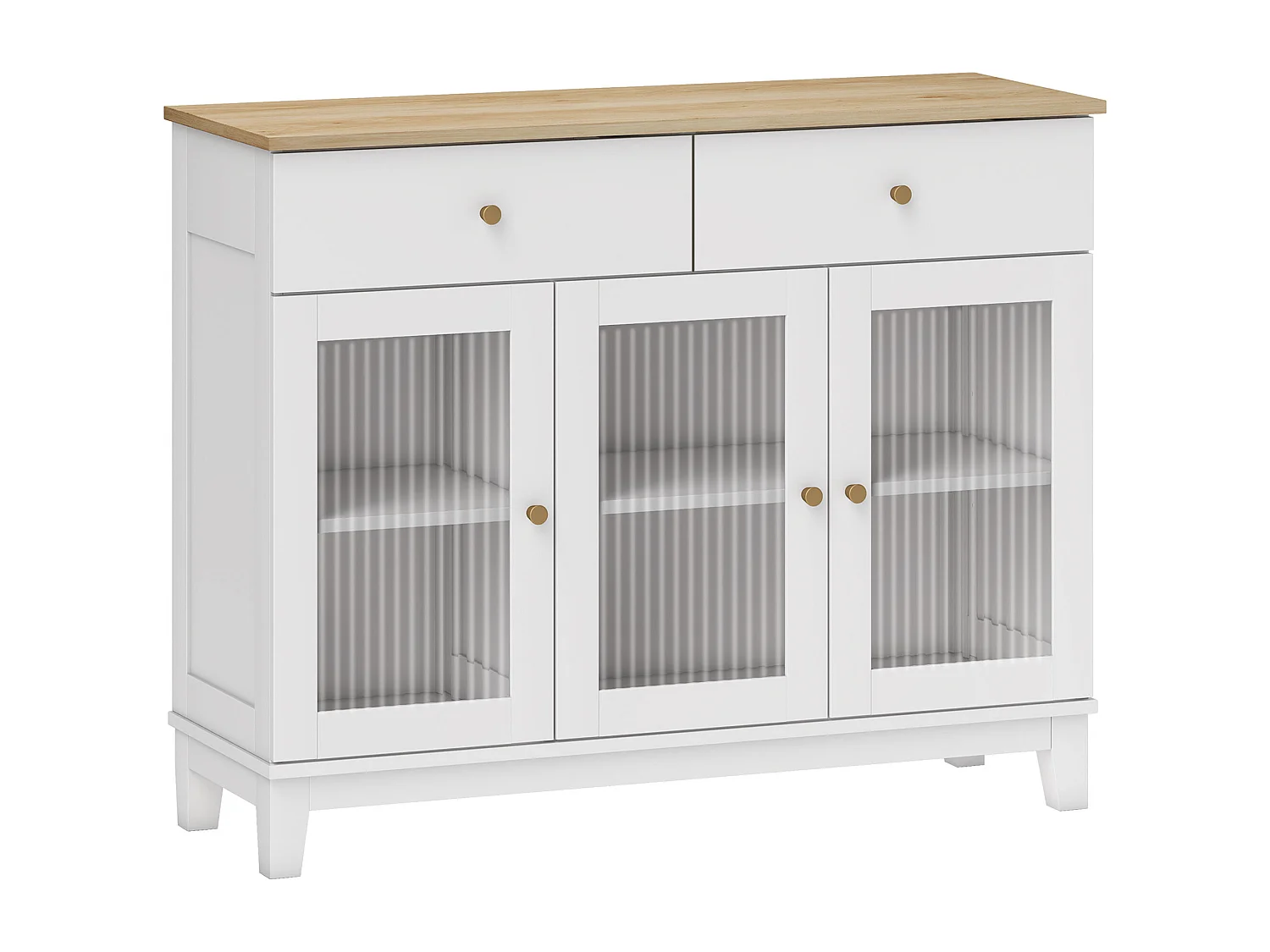 Buffet 3 portes vitrées nervurées 2 étagères 2 tiroirs poignées métal doré blanc effet bois clair