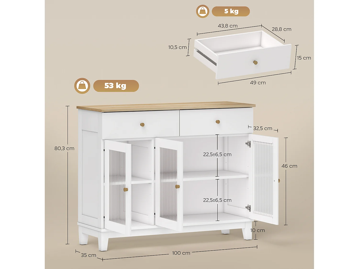 Buffet 3 portes vitrées nervurées 2 étagères 2 tiroirs poignées métal doré blanc effet bois clair
