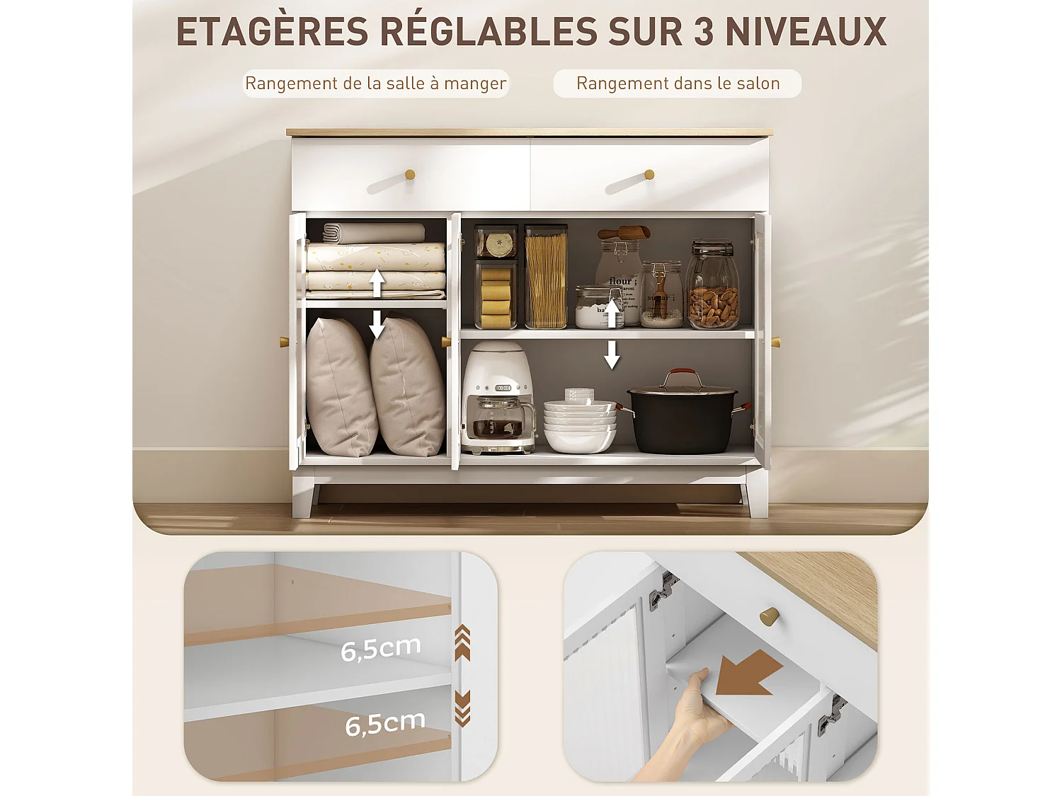 Buffet 3 portes vitrées nervurées 2 étagères 2 tiroirs poignées métal doré blanc effet bois clair