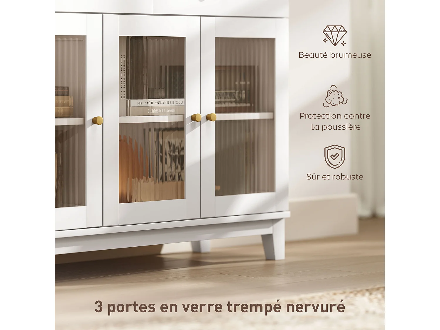 Buffet 3 portes vitrées nervurées 2 étagères 2 tiroirs poignées métal doré blanc effet bois clair