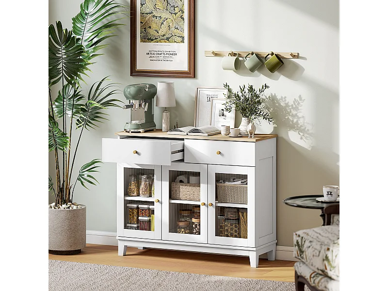 Buffet 3 portes vitrées nervurées 2 étagères 2 tiroirs poignées métal doré blanc effet bois clair