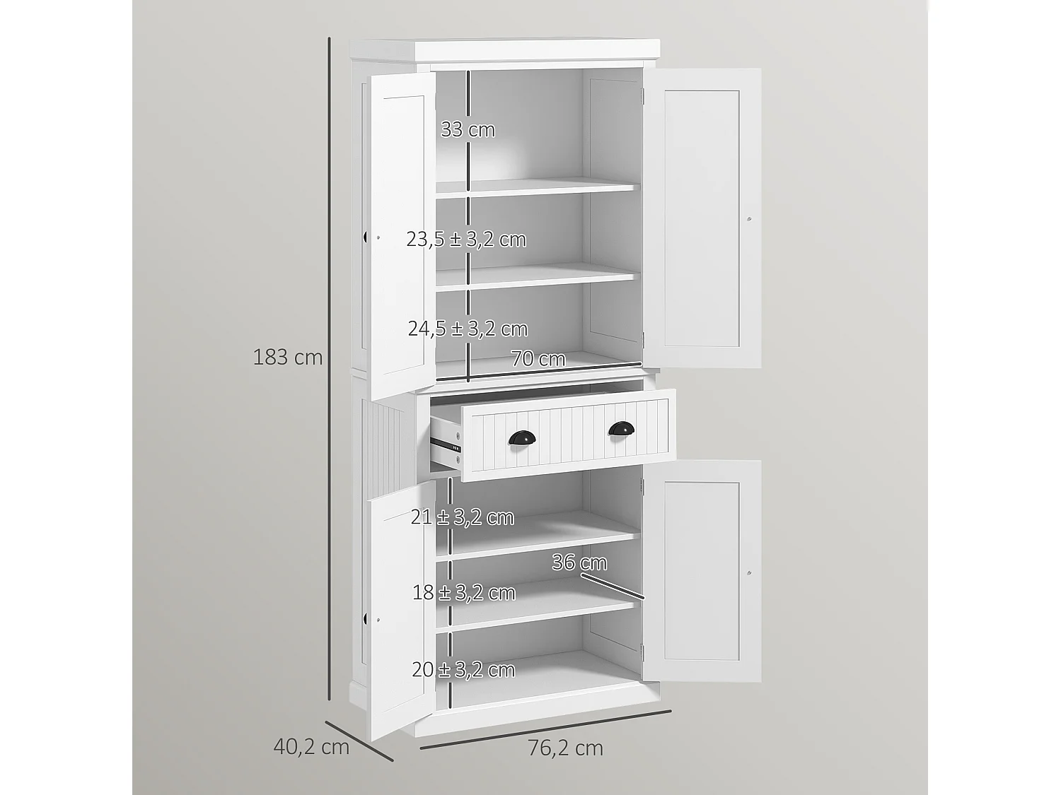 Buffet haut multi-rangement - 4 portes, grand tiroir - dim. 76L x 40l x 183H cm - blanc effet bois clair