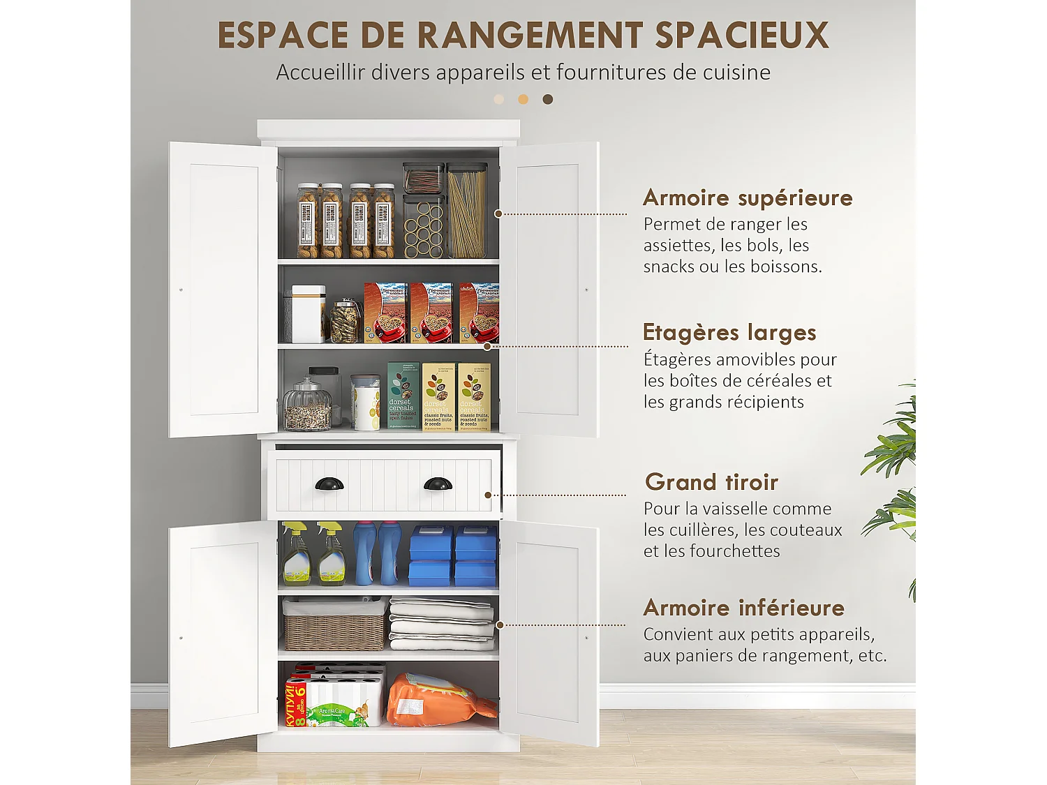 Buffet haut multi-rangement - 4 portes, grand tiroir - dim. 76L x 40l x 183H cm - blanc effet bois clair