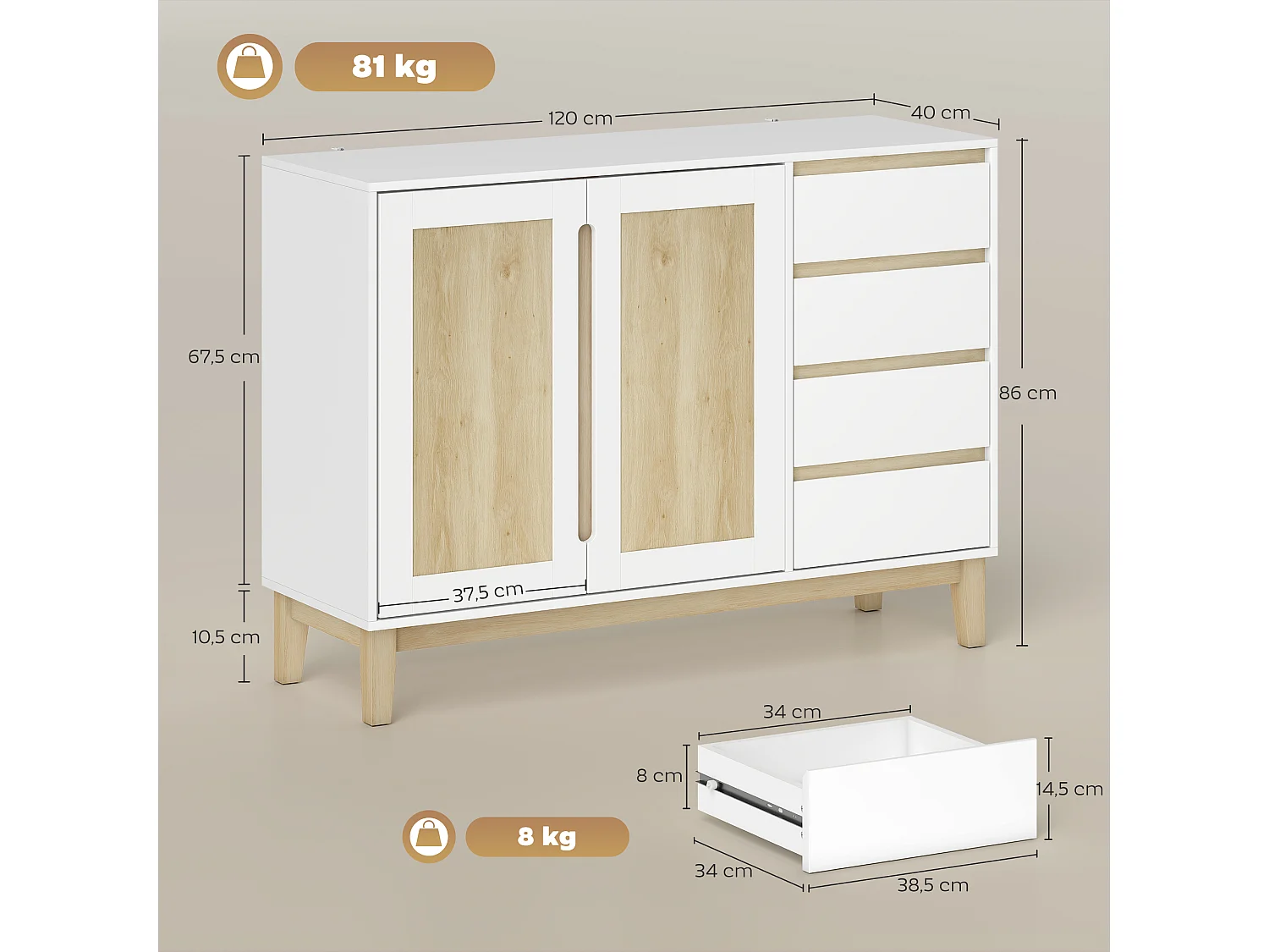 Buffet style nordique - 2 portes, étagère, 2 tiroirs - piètement bois banc effet bois clair