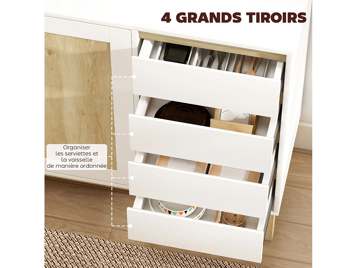 Buffet style nordique - 2 portes, étagère, 2 tiroirs - piètement bois banc effet bois clair