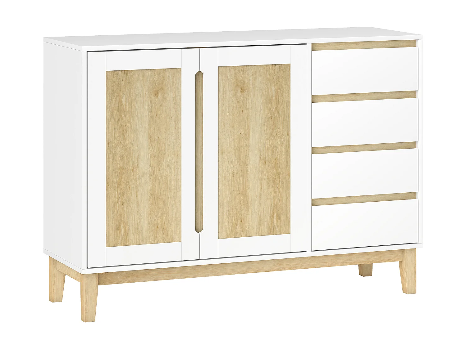 Buffet style nordique - 2 portes, étagère, 2 tiroirs - piètement bois banc effet bois clair